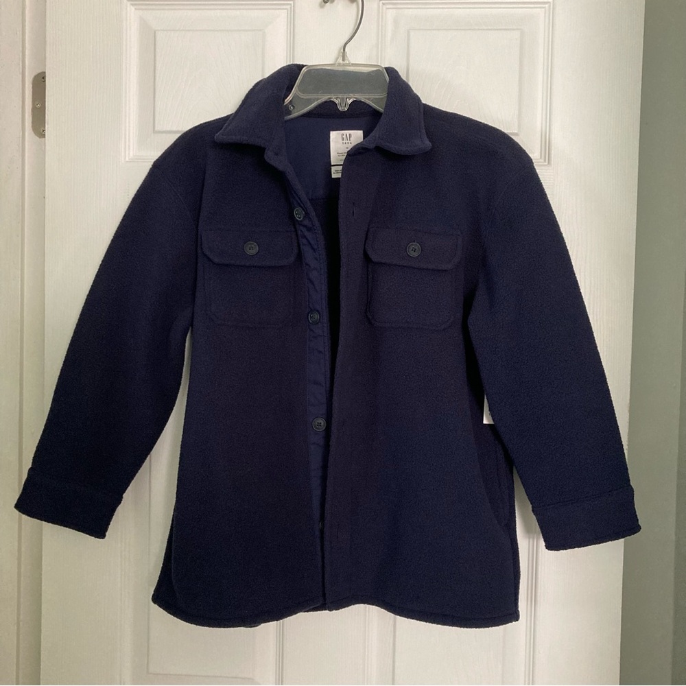 NWT GAP Teen Navy Blue Sherpa Fleece Button Front Shirt Jacket Shacket